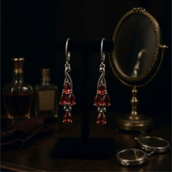 Vintage-Style ✦ Mozambique Garnet Drop Earrings ✦ 316L Stainless Steel Leverback - Picture 7 of 10